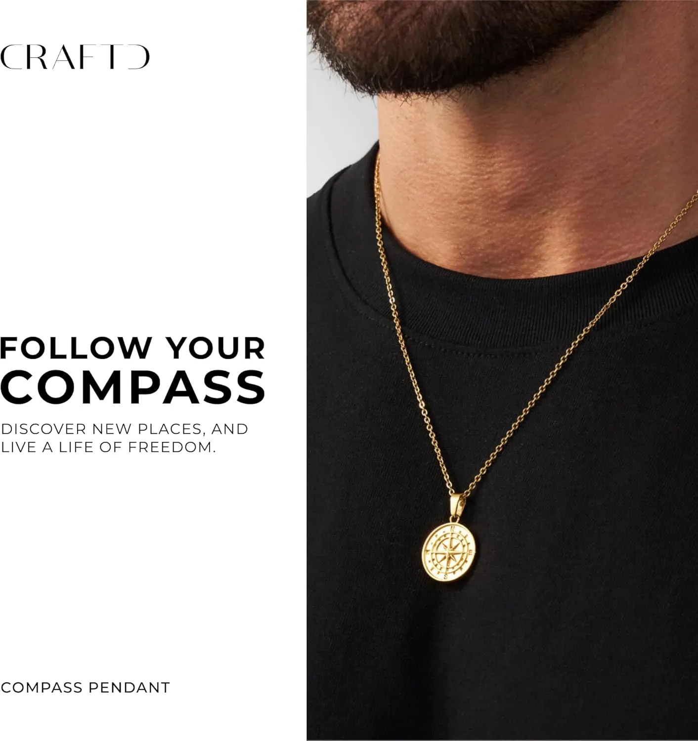| Compass Pendant Necklace | 20.5" Chain Link with 20MM x 20MM Pendant | Waterproof, Heat & Sweat Resistant | Gifts for Men | Men's Jewelry |