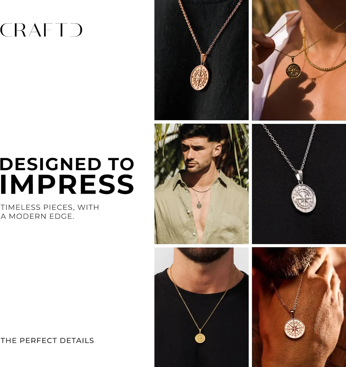 | Compass Pendant Necklace | 20.5" Chain Link with 20MM x 20MM Pendant | Waterproof, Heat & Sweat Resistant | Gifts for Men | Men's Jewelry |