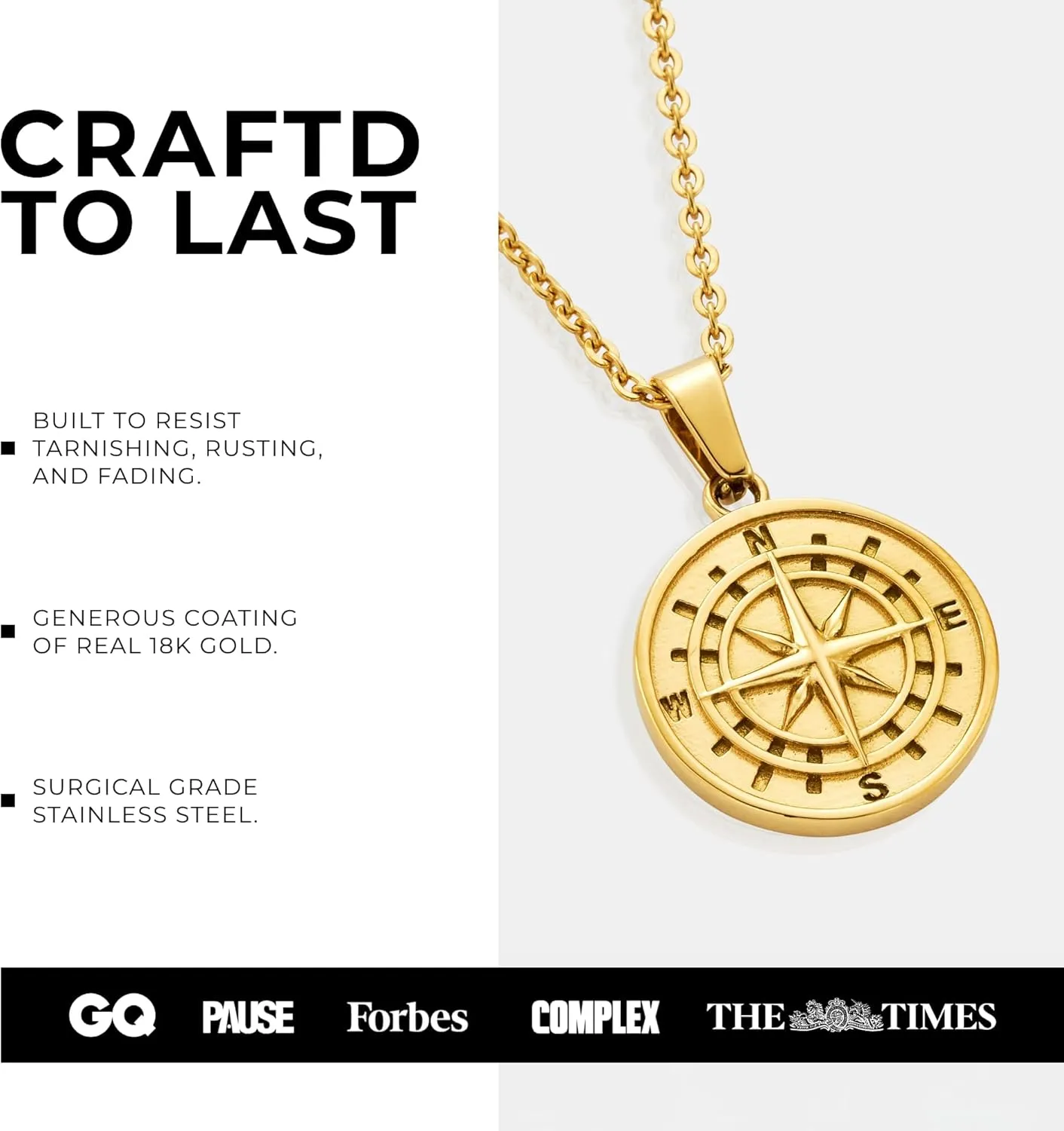| Compass Pendant Necklace | 20.5" Chain Link with 20MM x 20MM Pendant | Waterproof, Heat & Sweat Resistant | Gifts for Men | Men's Jewelry |