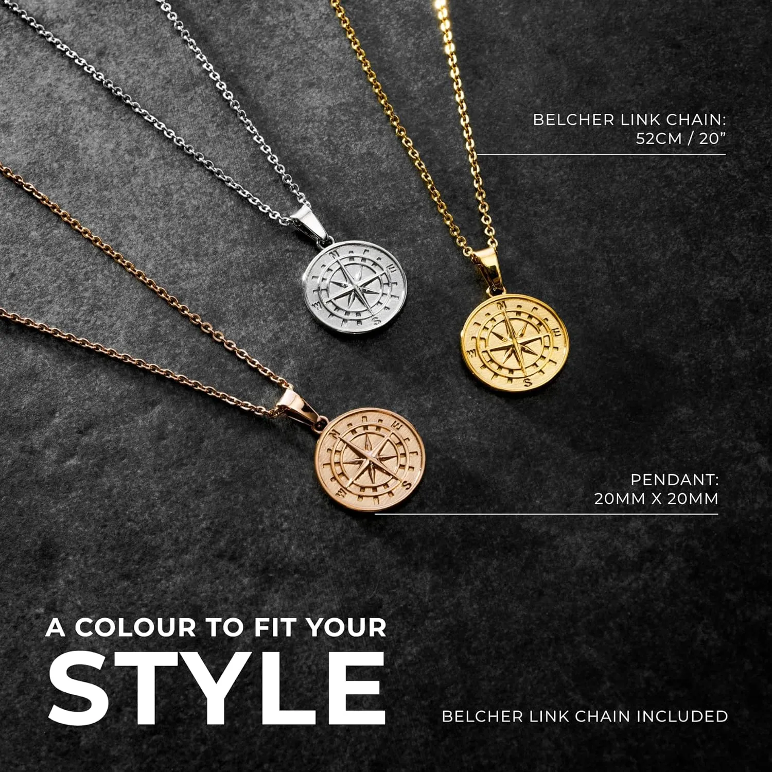 | Compass Pendant Necklace | 20.5" Chain Link with 20MM x 20MM Pendant | Waterproof, Heat & Sweat Resistant | Gifts for Men | Men's Jewelry |