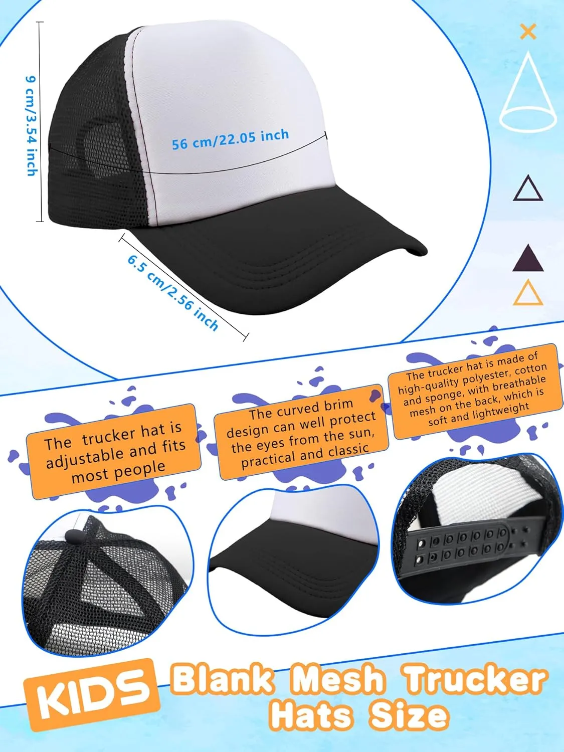 20 Pcs Trucker Hats Sublimation Baseball Caps Adjustable Blank Mesh Hats for Kids Family Outing Park Sports Activities