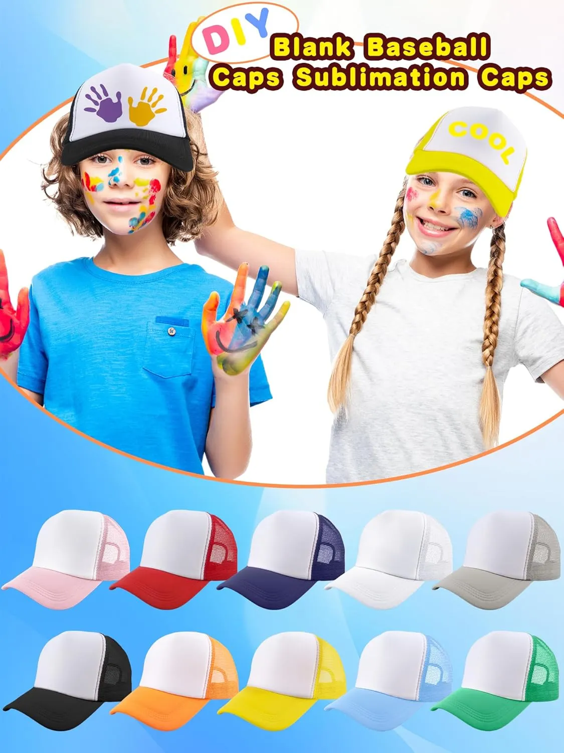 20 Pcs Trucker Hats Sublimation Baseball Caps Adjustable Blank Mesh Hats for Kids Family Outing Park Sports Activities