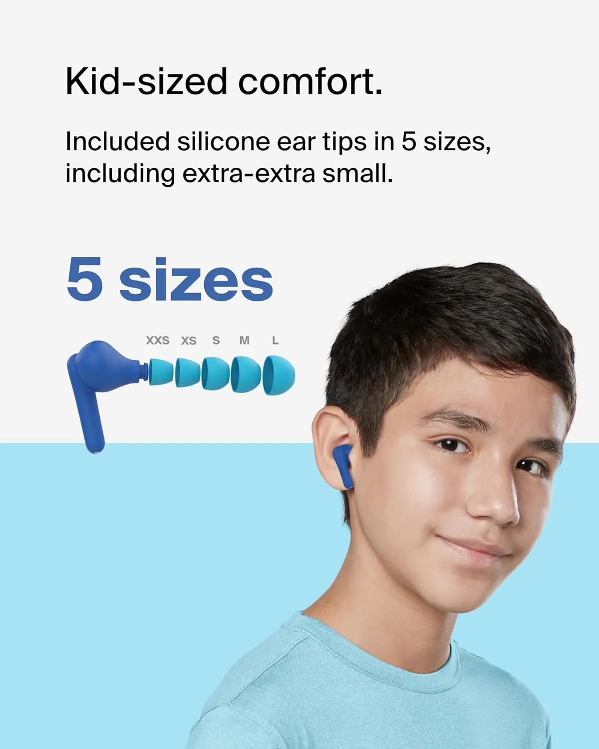 Belkin SoundForm Nano 2 Bluetooth Earbuds for Kids with Built-in Microphone, 28H Battery Life, Safe 85dB Volume, IPX5 Water Resistance - Kids Bluetooth Earbuds for iPhone, iPad, Galaxy, & More - Blue