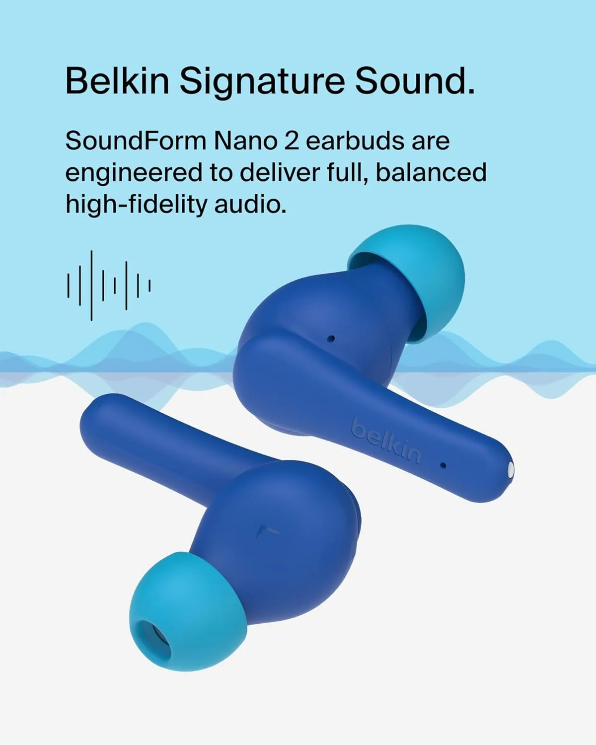 Belkin SoundForm Nano 2 Bluetooth Earbuds for Kids with Built-in Microphone, 28H Battery Life, Safe 85dB Volume, IPX5 Water Resistance - Kids Bluetooth Earbuds for iPhone, iPad, Galaxy, & More - Blue