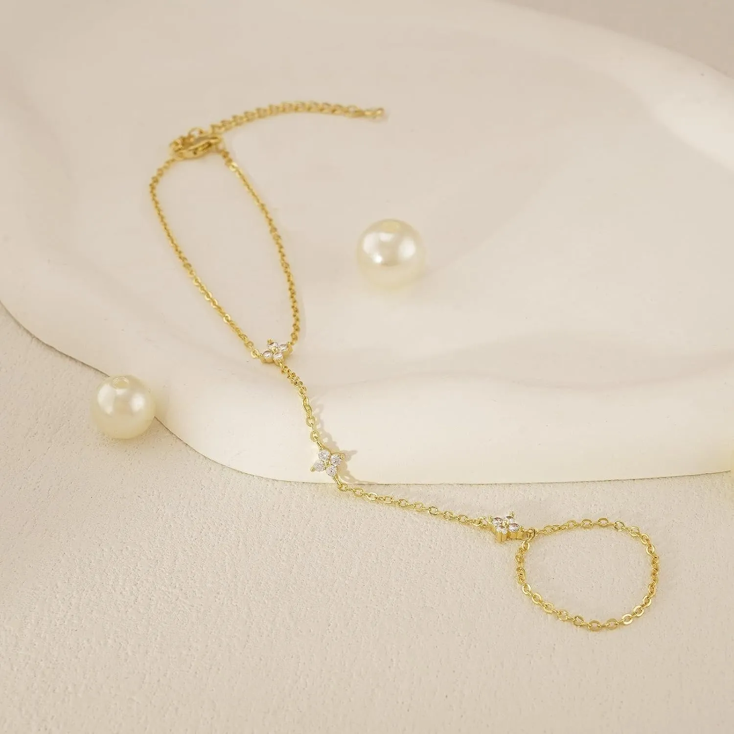Bracelets for Women 14K Gold Silver Plated Ring Bracelet Hand Chain Dainty Evil Eye Heart Clover Daisy Cubic Zirconia Stackable Link Chain Hypoallergenic Body Jewelry Cute Trendy Gifts