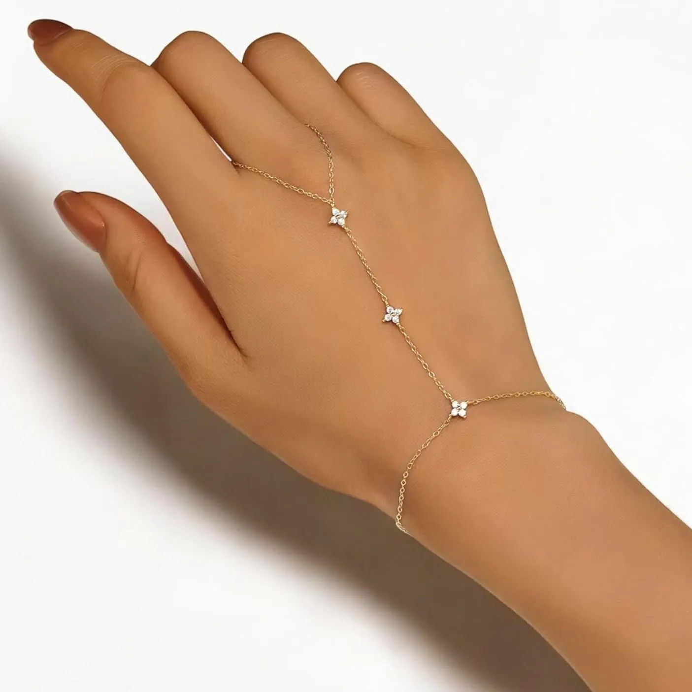 Bracelets for Women 14K Gold Silver Plated Ring Bracelet Hand Chain Dainty Evil Eye Heart Clover Daisy Cubic Zirconia Stackable Link Chain Hypoallergenic Body Jewelry Cute Trendy Gifts