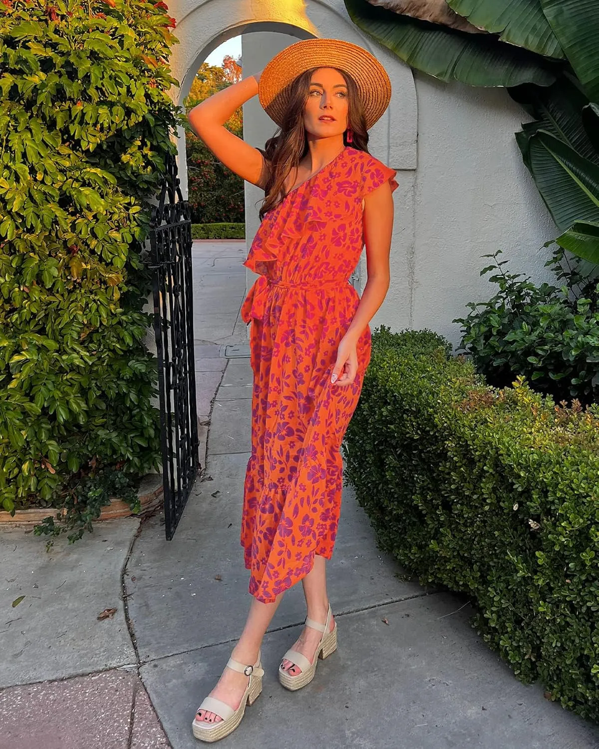 BTFBM Women's One Shoulder Maxi Dress Sleeveless Casual Summer Layered Ruffle Boho Floral Print Party Beach A-Line Dresses