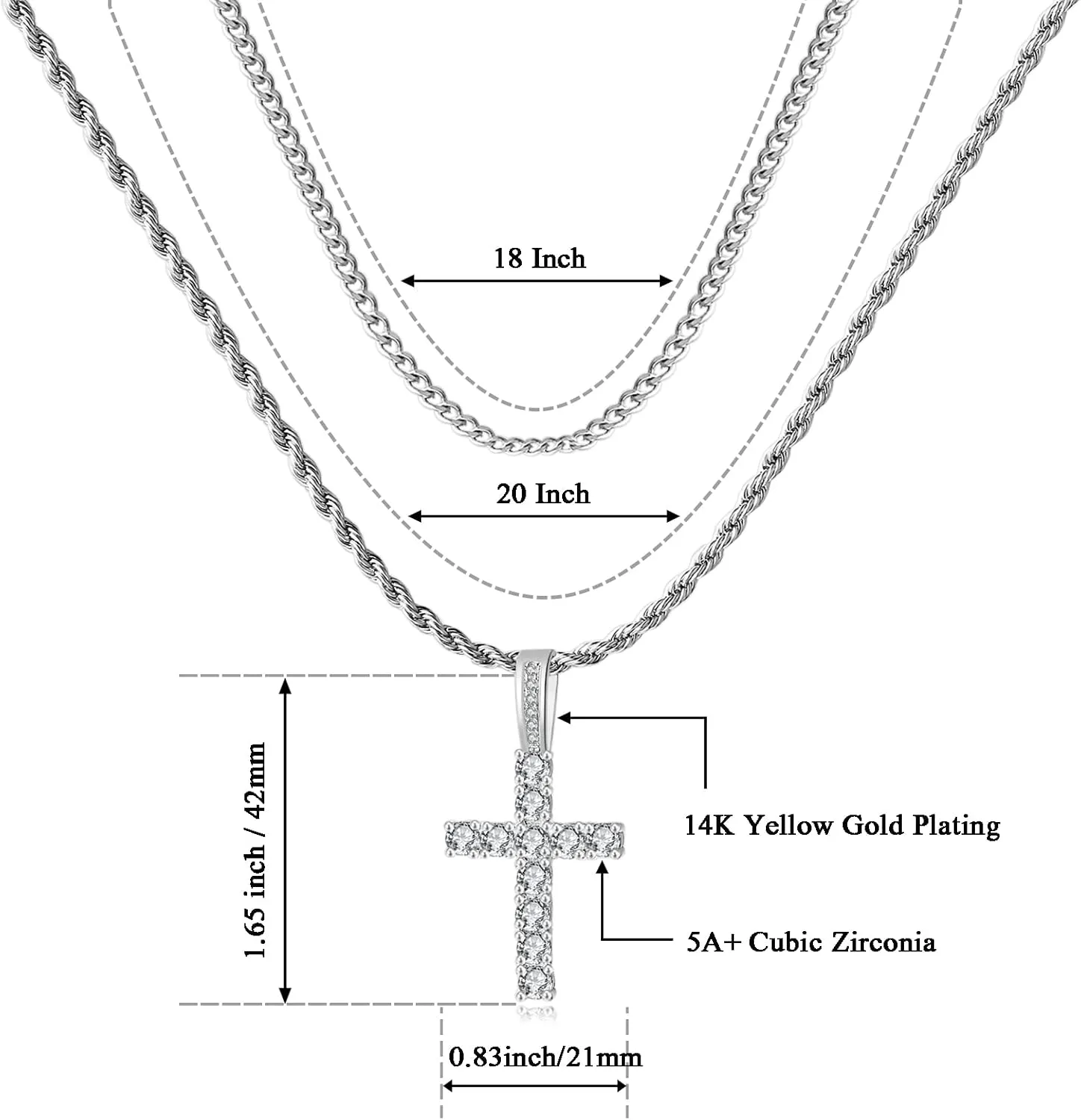 Cross Chain for Men 14K Gold Silver Plated Solid Iced Out 5A  Cubic Zirconia Stainless Steel Cuban Link rope Layered Chains 16-24 Inch Large Cross Diamond Pendant Nceklace Jewelry Gifts