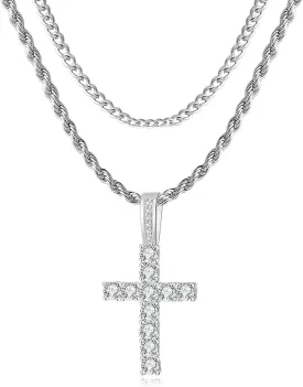 Cross Chain for Men 14K Gold Silver Plated Solid Iced Out 5A  Cubic Zirconia Stainless Steel Cuban Link rope Layered Chains 16-24 Inch Large Cross Diamond Pendant Nceklace Jewelry Gifts