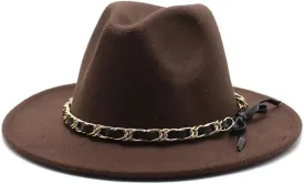 DHAEY New Golden Chain Bow Belt Woolen Hat European and American Jazz Felt Hat Men's and Women's Large Flat Brimmed Hat Luopan Caps & Hats(Dark Coffee)