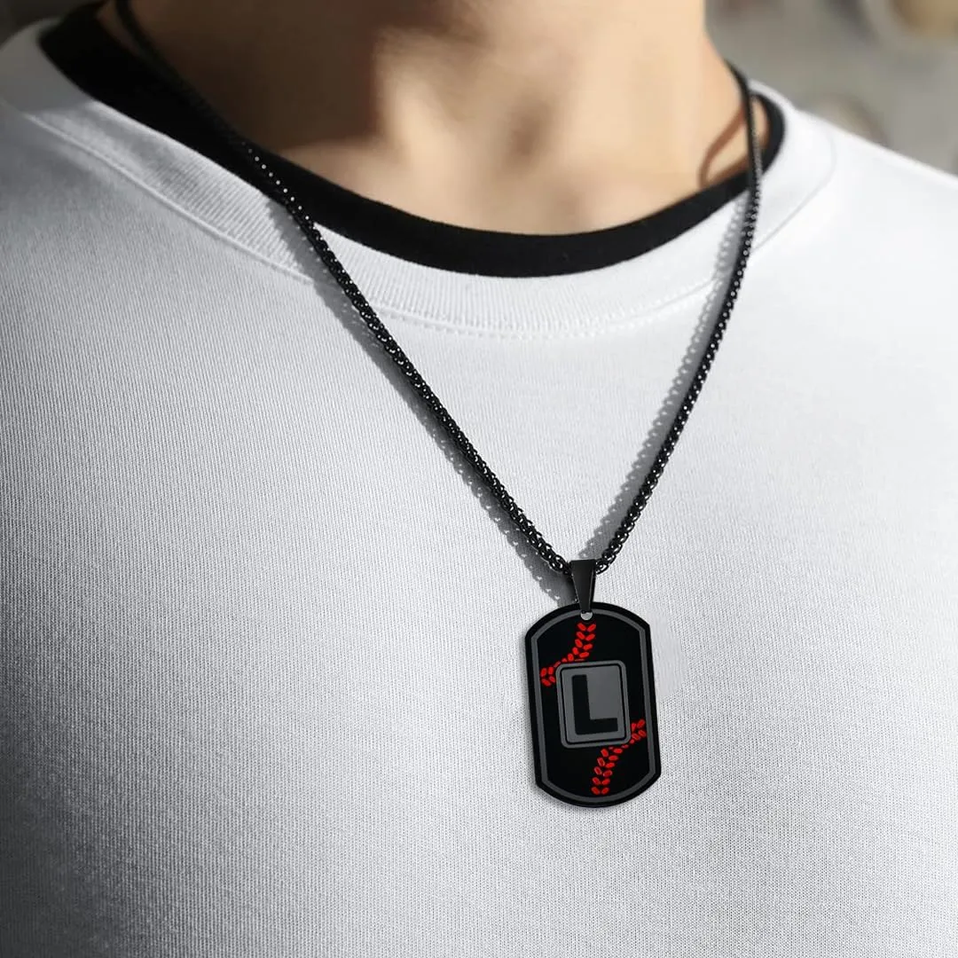 Dog Tag Necklaces for Men Titanium Steel Mens A-Z Letter Tag Necklace Black Pendant Religious Gifts for Him