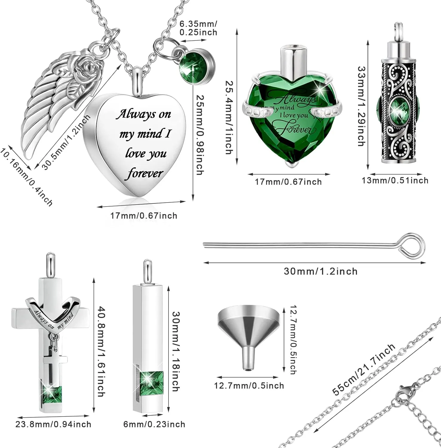 Fumete 5 Pcs Ashes Urn Necklace Keepsake Cremation Heart Cross Cubic Jewelry for Ashes Stainless Steel Memorial Locket Urn Keepsake Necklace for Women Men Loved Ones, 5 Styles