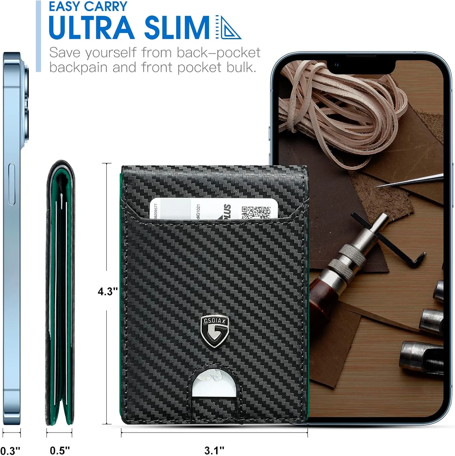GSOIAX Mens Slim Wallet RFID Blocking Bifold wallets for men Minimalist Genuine Leather Carbon Fiber Card Holder Money Clip Thin Mens with Gift Box (Carbon Fiber - Green)