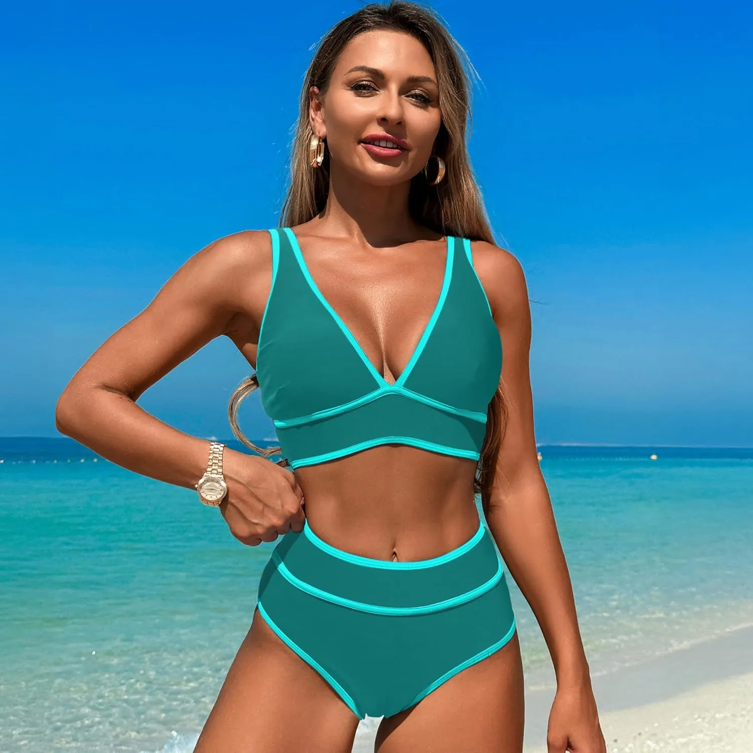 High Waisted Bikini Sets Womens Cheeky Two Piece Swimsuit V Neck Color Block Bathing Suit