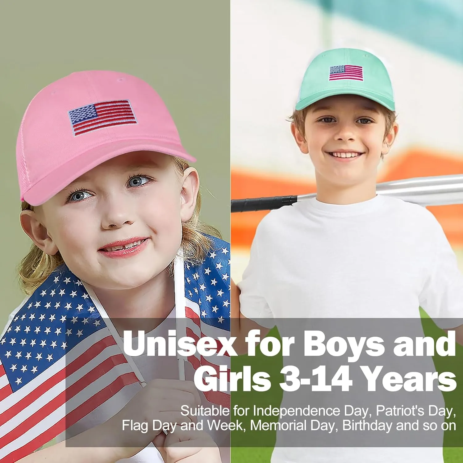 Kids American Flag Baseball Cap Boys Girls Mesh Baseball Hat, Toddler Embroidery Trucker Hat for Age 3-14 Years