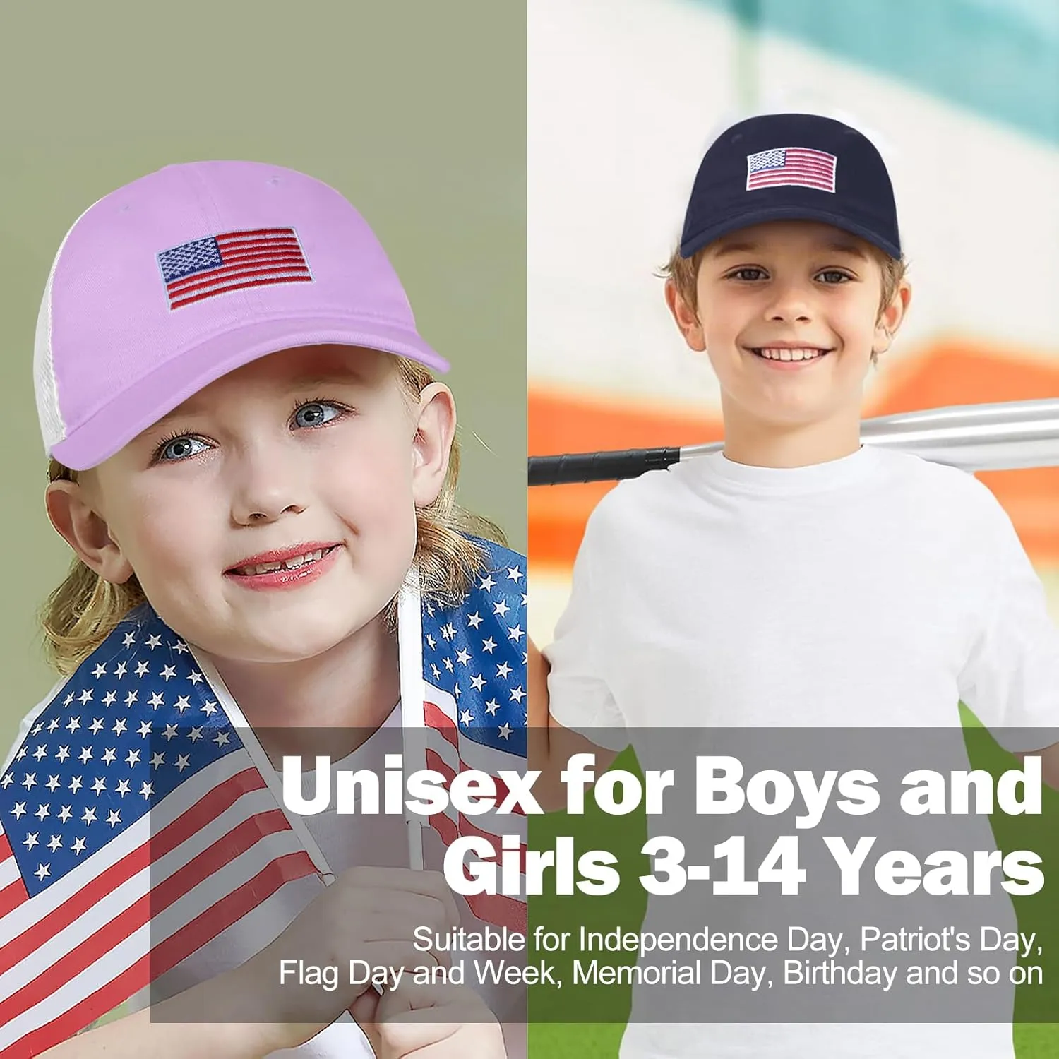 Kids American Flag Baseball Cap Boys Girls Mesh Baseball Hat, Toddler Embroidery Trucker Hat for Age 3-14 Years