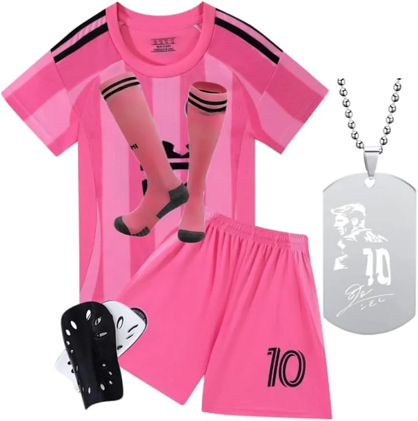 LEO Barca Paris 10# Kids Soccer Jersey/Shorts/Socks/Shin Pads With Necklace Gift Set for Fans Youth Sizes
