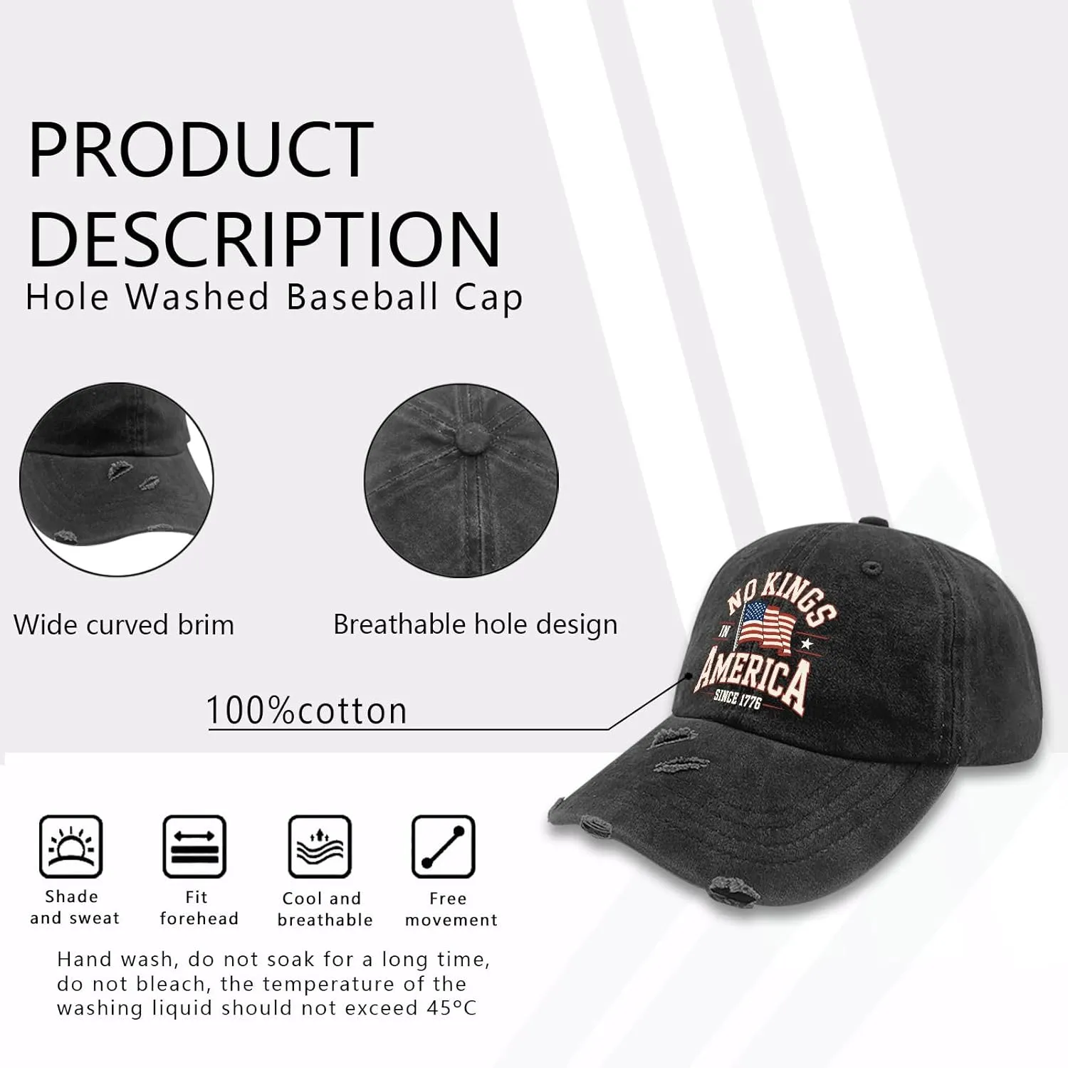 No King in America Hats for Womens Soft Washed Distressed Baseball Cap Next Day Delivery