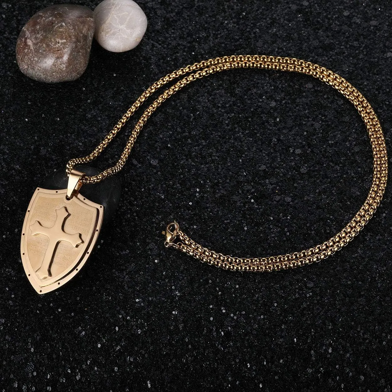 Rehoboth Mens Stainless Steel Shield Armor of God Cross Pendant Necklace Bible Verse Ephesians 6:16-17 Chain 24" for Women Men Black Silver