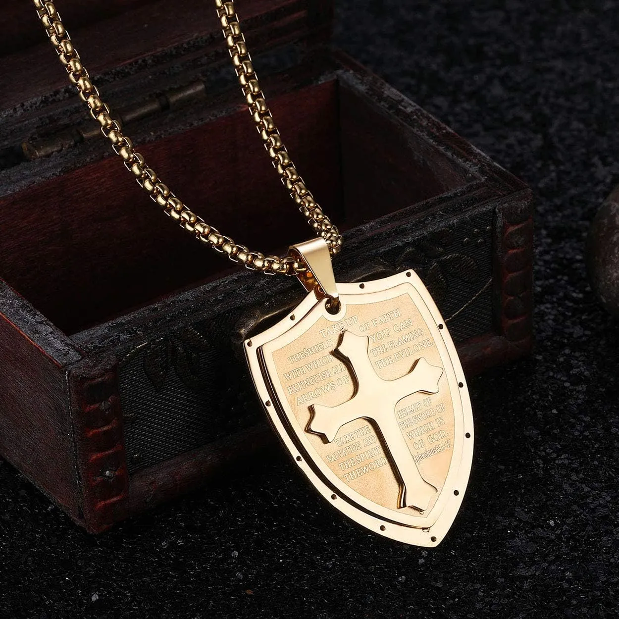Rehoboth Mens Stainless Steel Shield Armor of God Cross Pendant Necklace Bible Verse Ephesians 6:16-17 Chain 24" for Women Men Black Silver