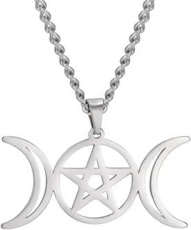 TEAMER Triple Moon Goddess Necklace Stainless Steel Amulet Wicca Hekate Wheel Necklace Pagan Jewelry for Women Men