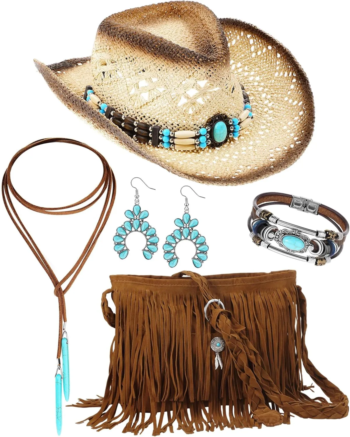 Toulite 5 Pcs Western Jewelry Set Women Cowgirl Hat Crossbody Fringe Purse Tassel Shoulder Bag Synthetic Turquoise Necklace, Bracelets, Earrings for Women