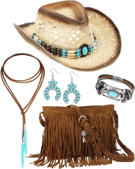 Toulite 5 Pcs Western Jewelry Set Women Cowgirl Hat Crossbody Fringe Purse Tassel Shoulder Bag Synthetic Turquoise Necklace, Bracelets, Earrings for Women