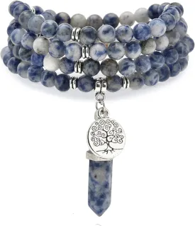 Tree of Life Charm, Handmade Jewelry Gift for Men or Women, 108 Natural Healing Mala Beads Bracelet Spiritual Necklace with Reiki Quartz Hexagonal Prism Pendant