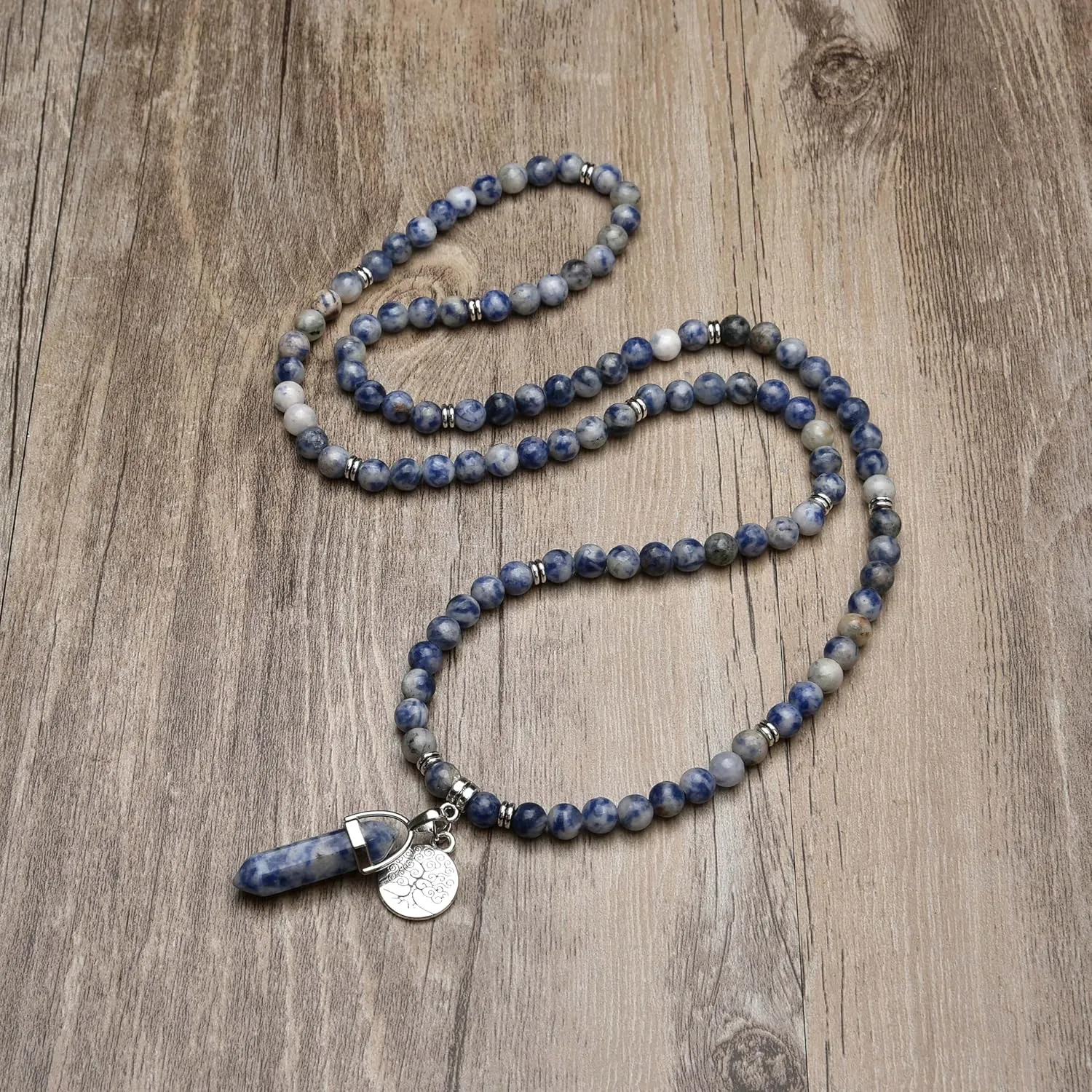 Tree of Life Charm, Handmade Jewelry Gift for Men or Women, 108 Natural Healing Mala Beads Bracelet Spiritual Necklace with Reiki Quartz Hexagonal Prism Pendant