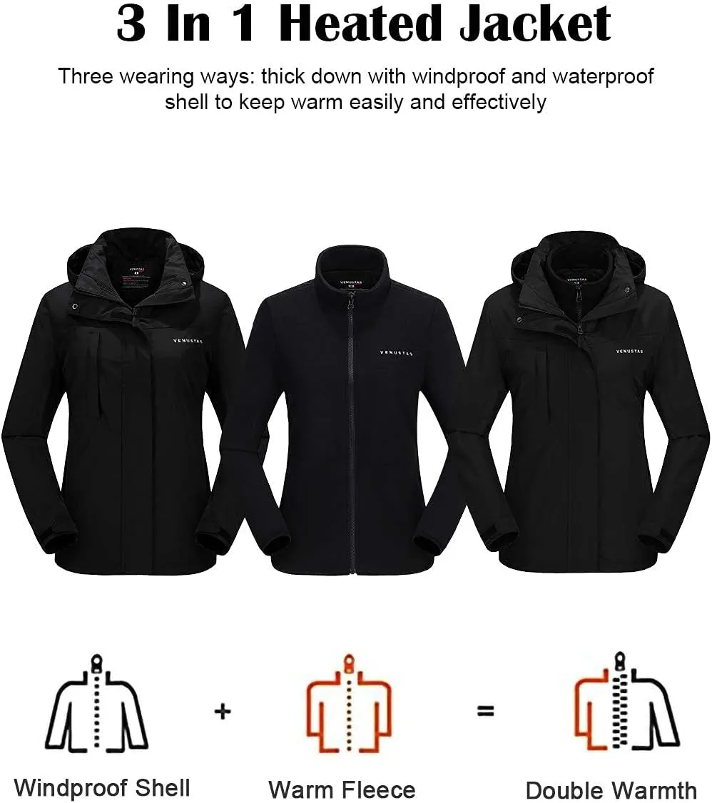 Venustas Womens 3-in-1 Heated Jacket with Battery, Waterproof Jacket with Hood for Skiing