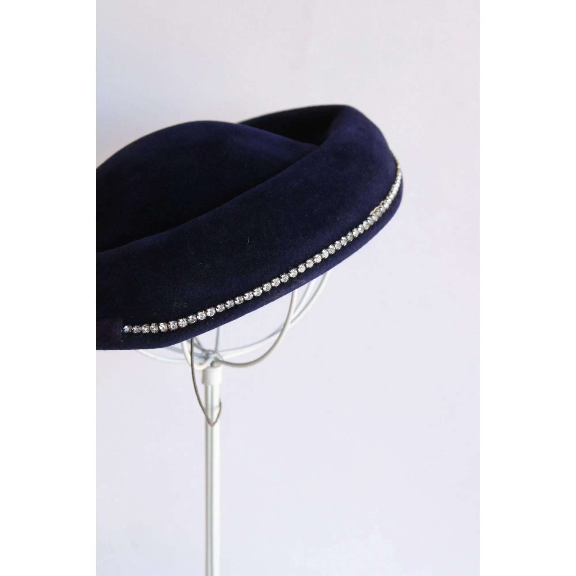 Vintage 1940s 1950s Blue Hat With Rhinestone Trim