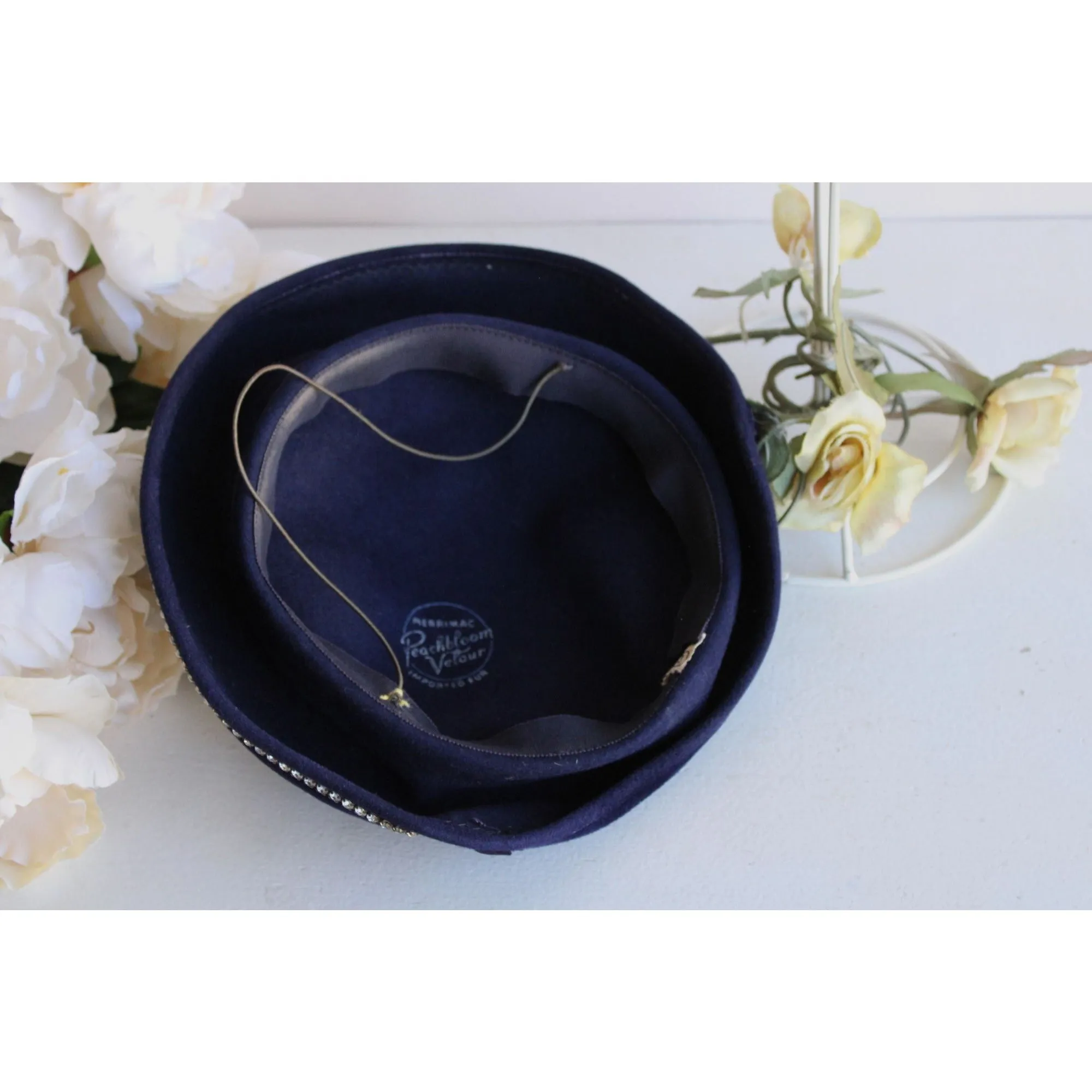 Vintage 1940s 1950s Blue Hat With Rhinestone Trim