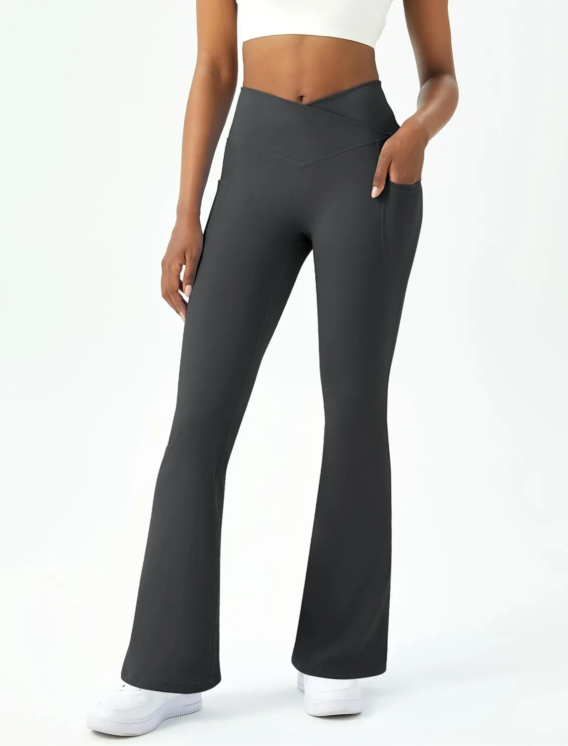 Womens Flare Yoga Pants with Pockets Crossover Flared Leggings Bootcut Bell Bottom No Front Seam