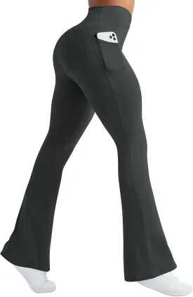 Womens Flare Yoga Pants with Pockets Crossover Flared Leggings Bootcut Bell Bottom No Front Seam