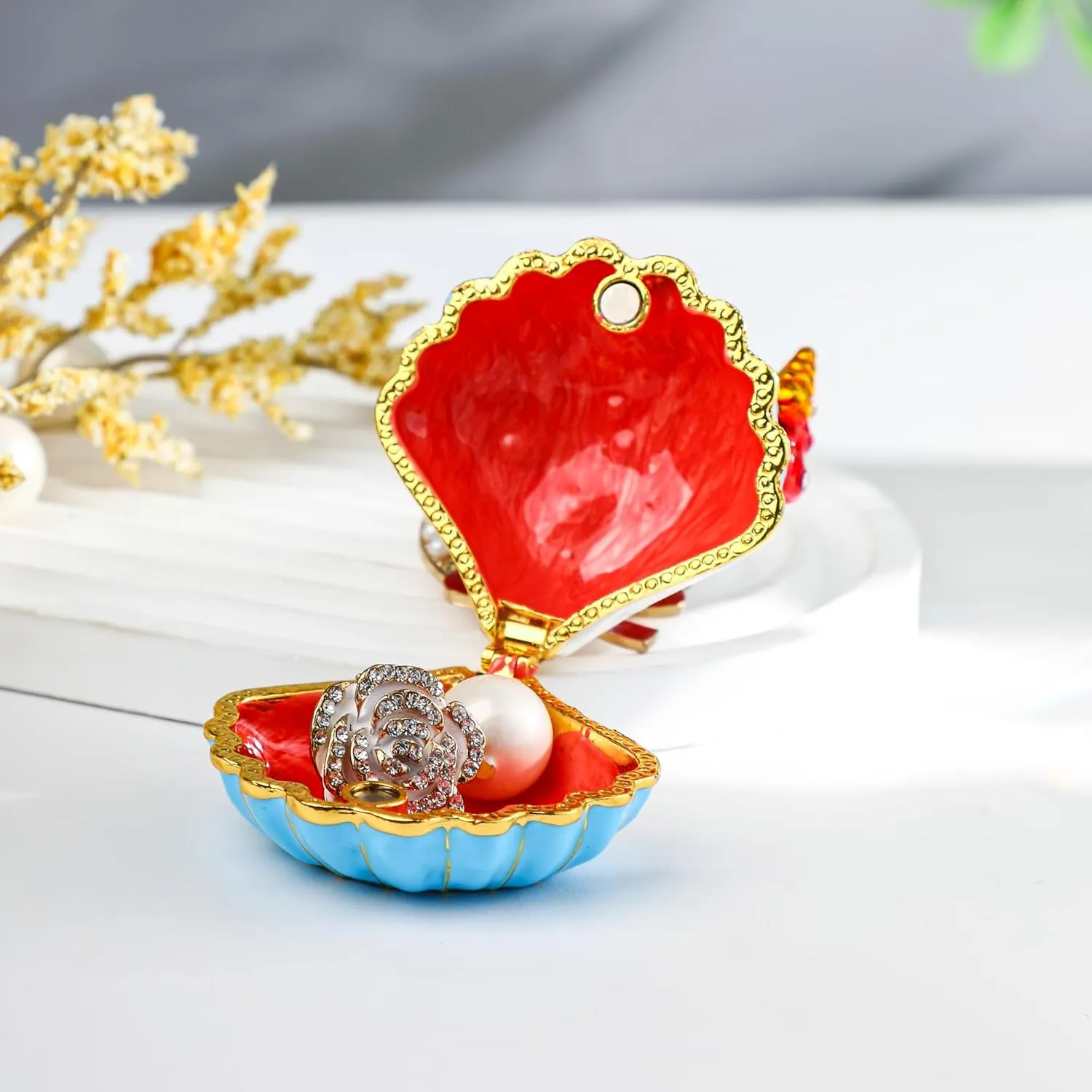 YU FENG Scallop Hinged Trinket Box Seashell Figurine Jewelry Box Hinged for Ring Holder Earrings Display