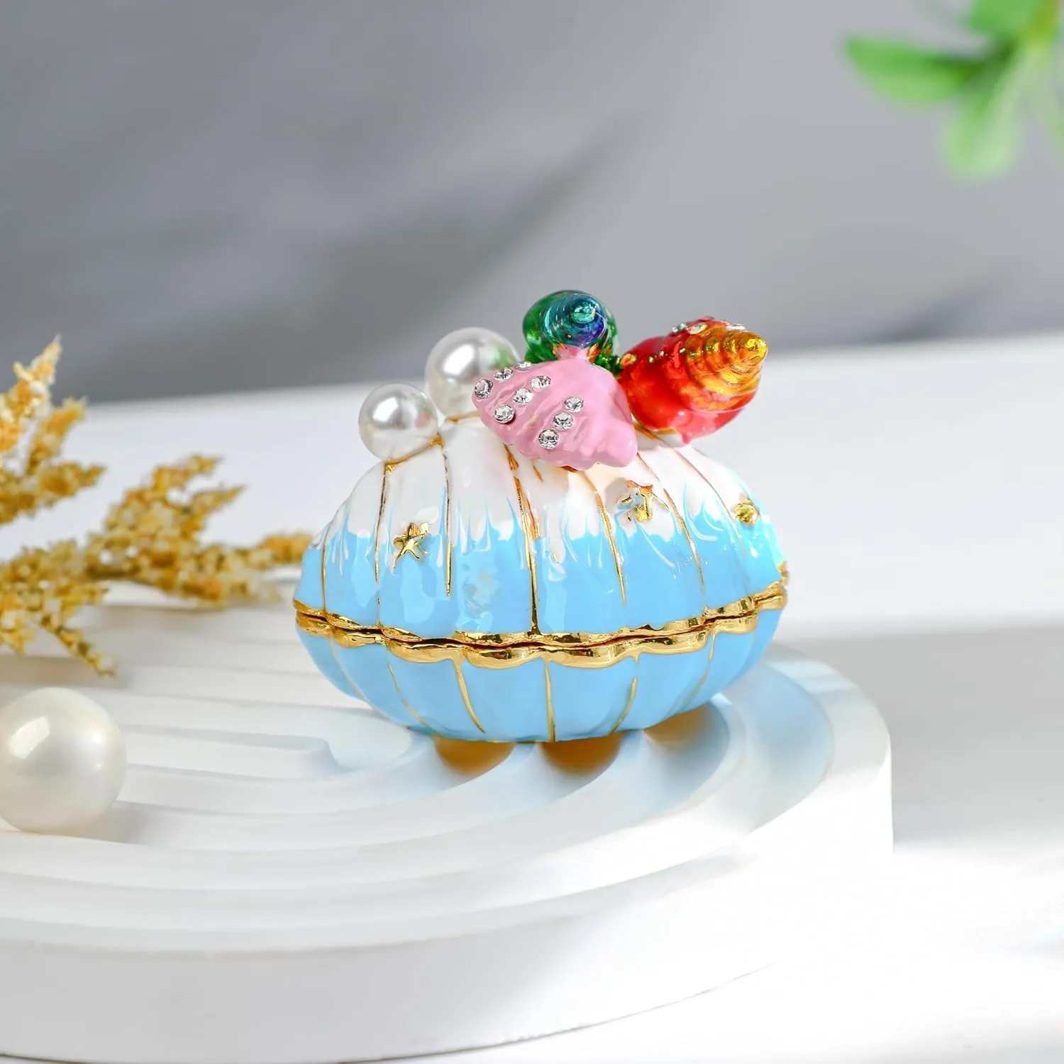 YU FENG Scallop Hinged Trinket Box Seashell Figurine Jewelry Box Hinged for Ring Holder Earrings Display